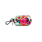 Colorful geometric-patterned poop bag holder with a brand logo on a white background