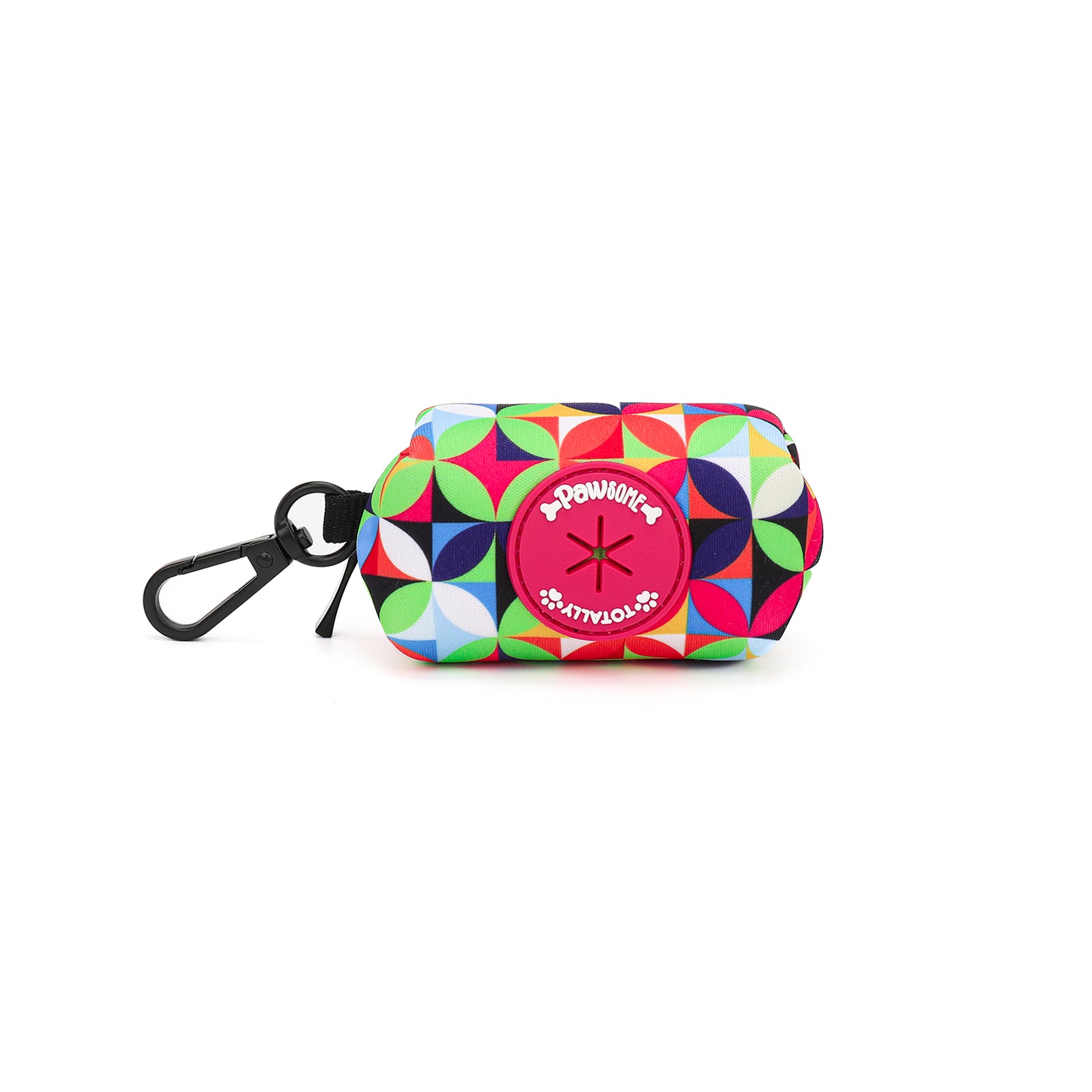 Colorful geometric-patterned poop bag holder with a brand logo on a white background