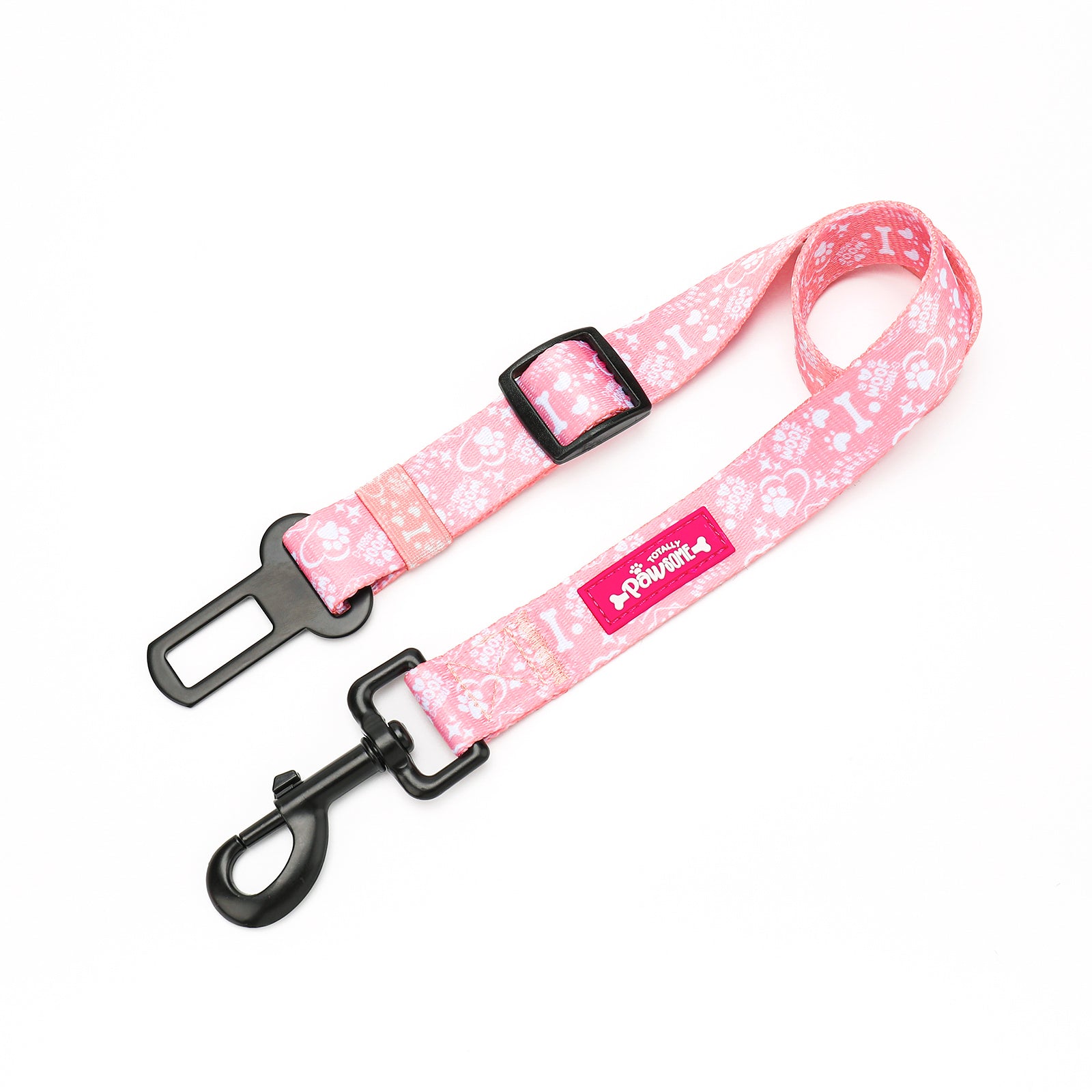 Pink dog seatbelt restraint with black hardware on a white background