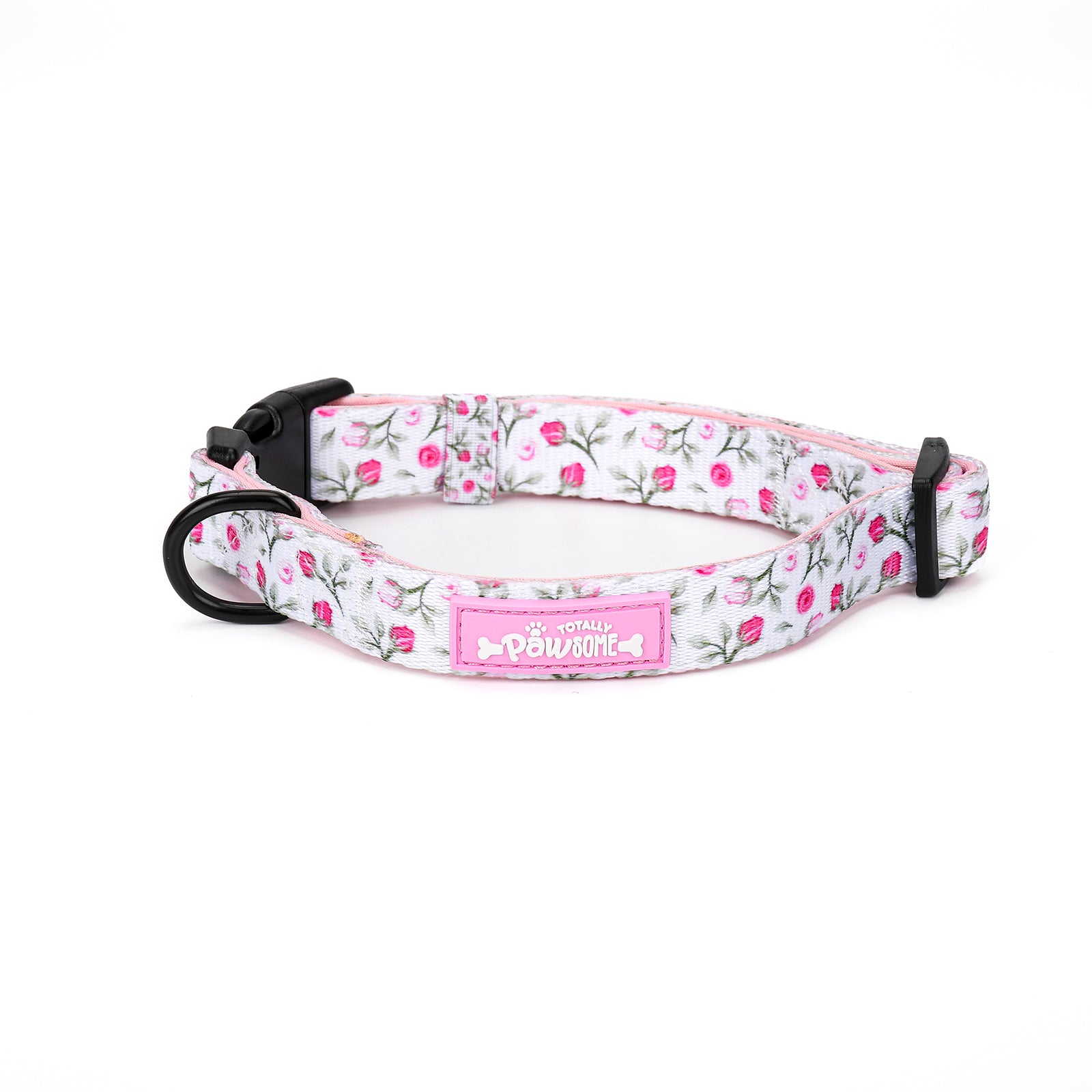 Floral patterned dog collar with a brand label on a white background