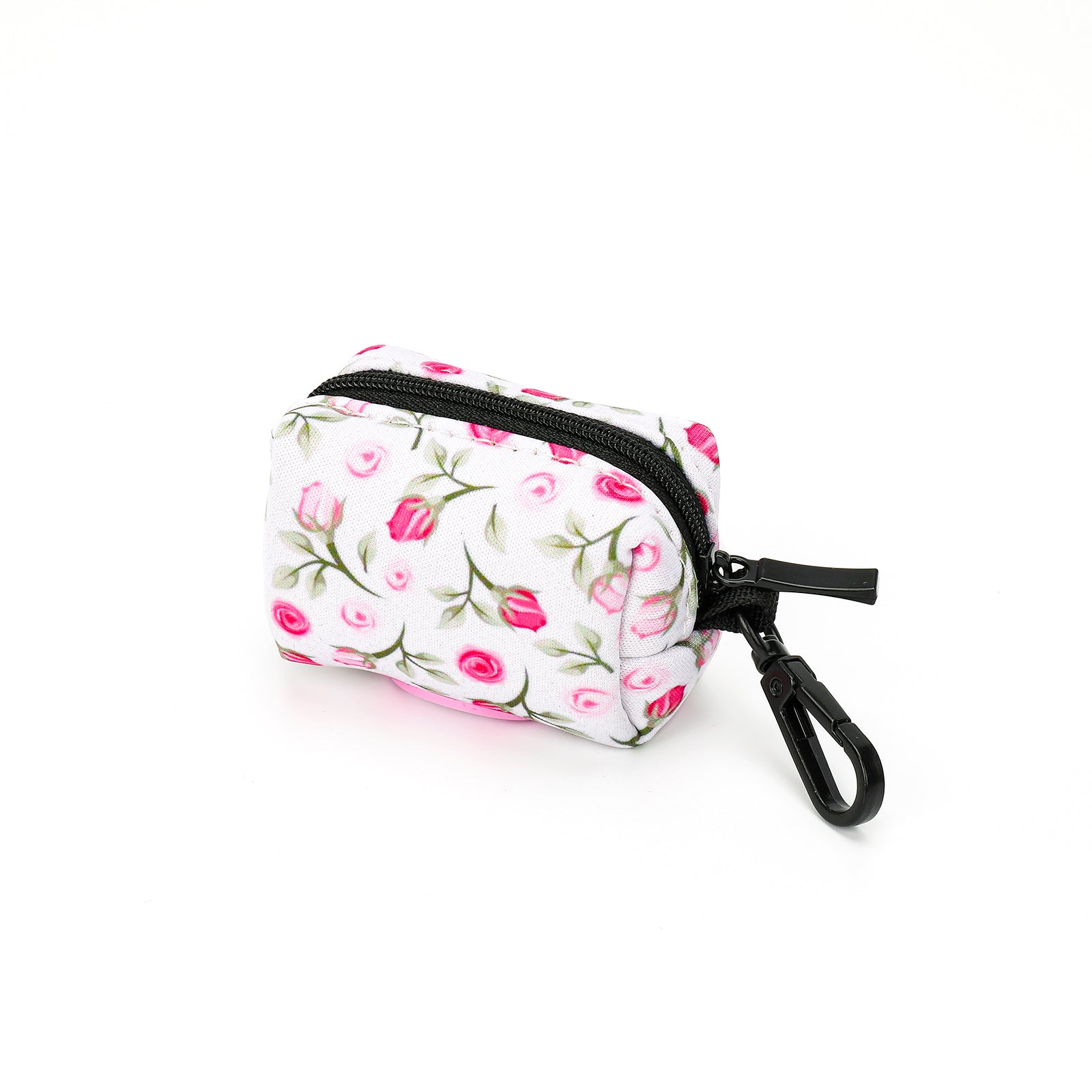 Floral-patterned dog poop bag holder with a black zipper on a white background
