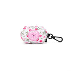 Floral-patterned dog poop bag holder with a brand logo on a white background