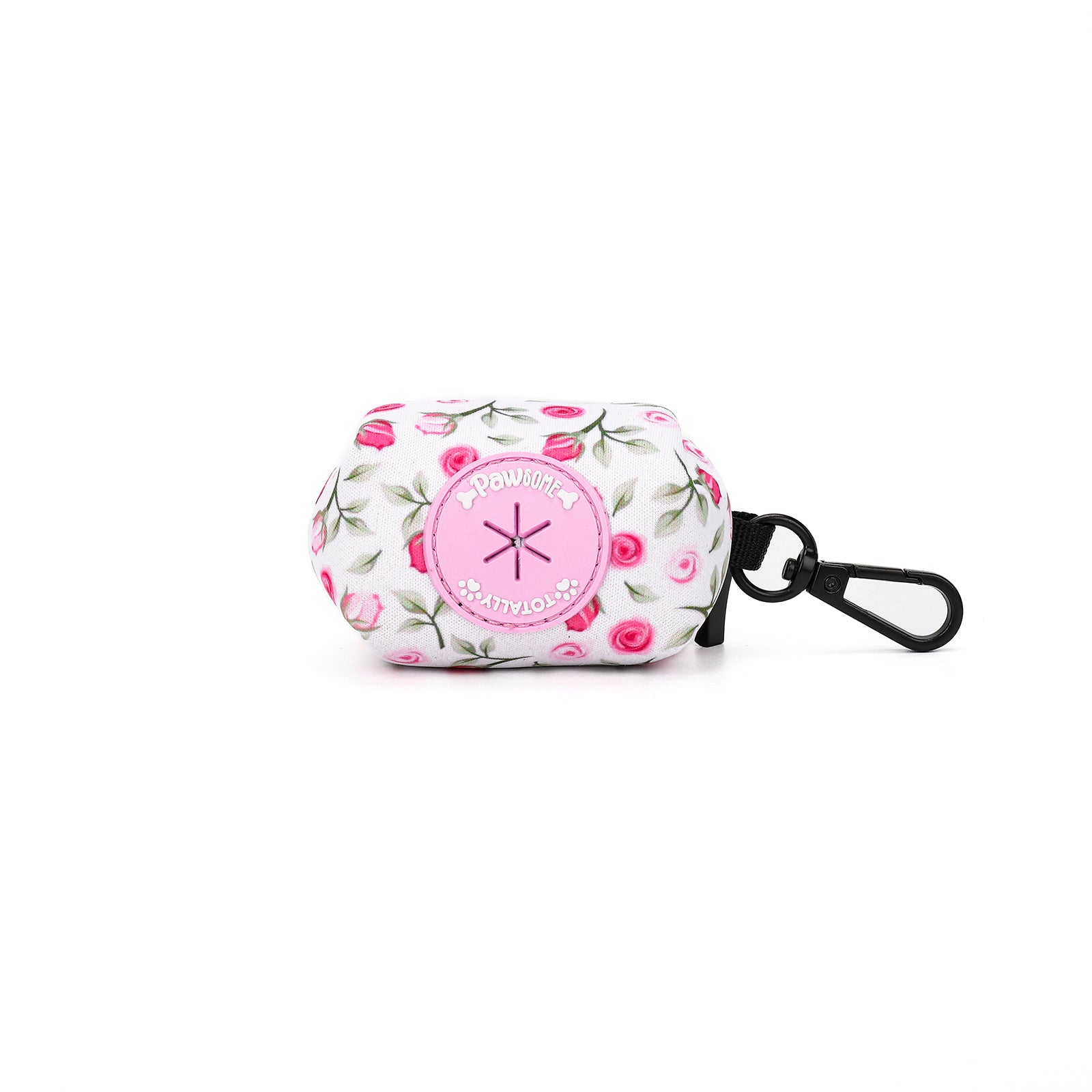 Floral-patterned dog poop bag holder with a brand logo on a white background