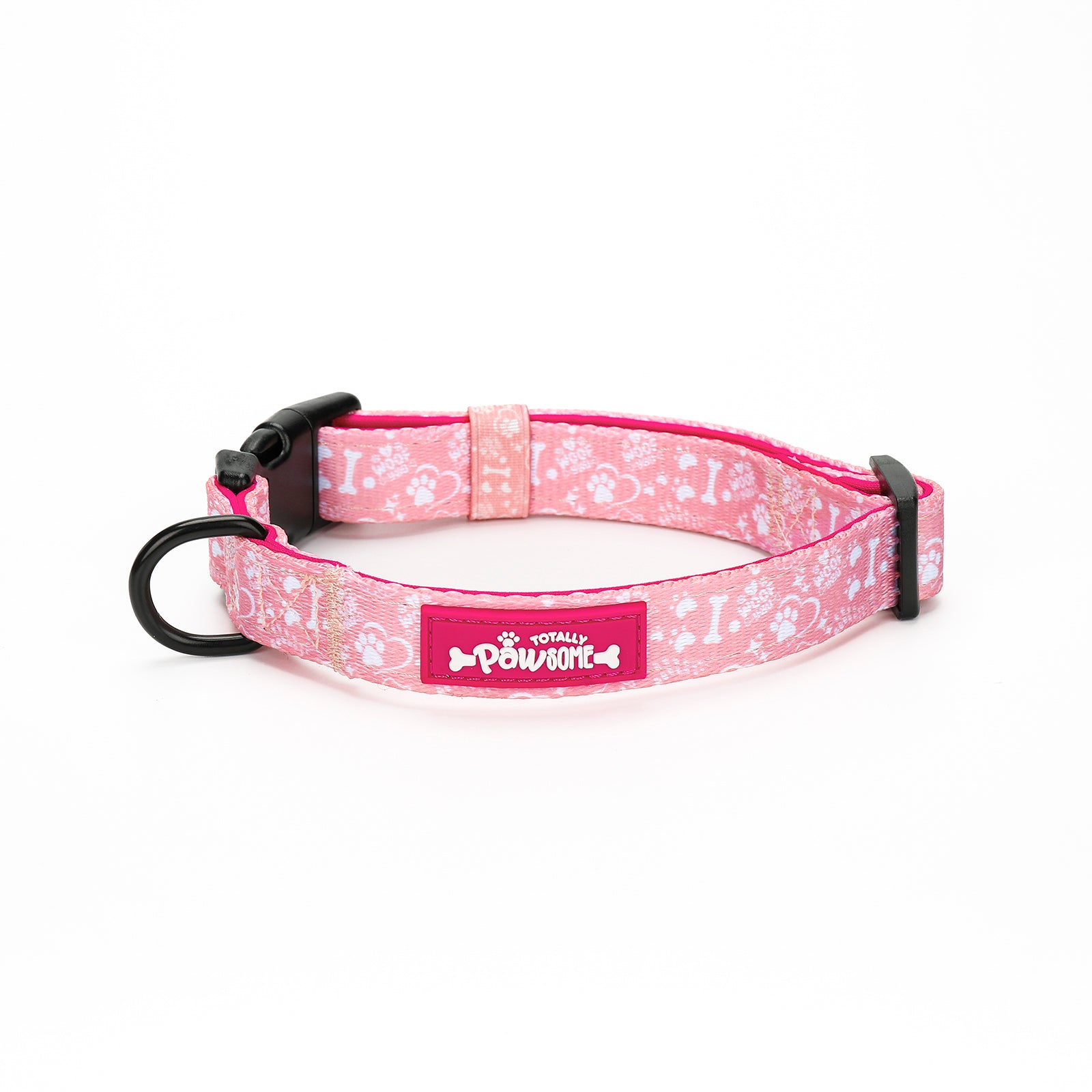 Pink dog collar with black hardware on a white background