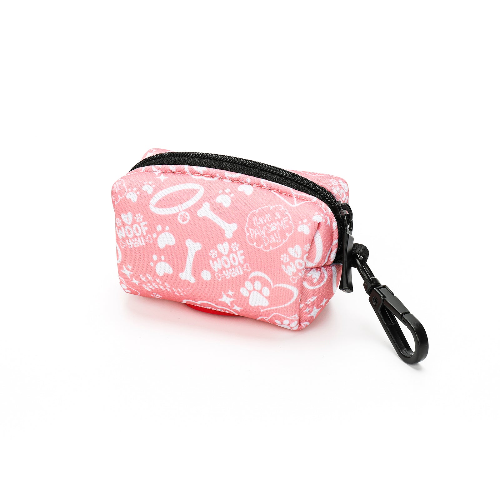 Pink pouch with white patterns on a white background