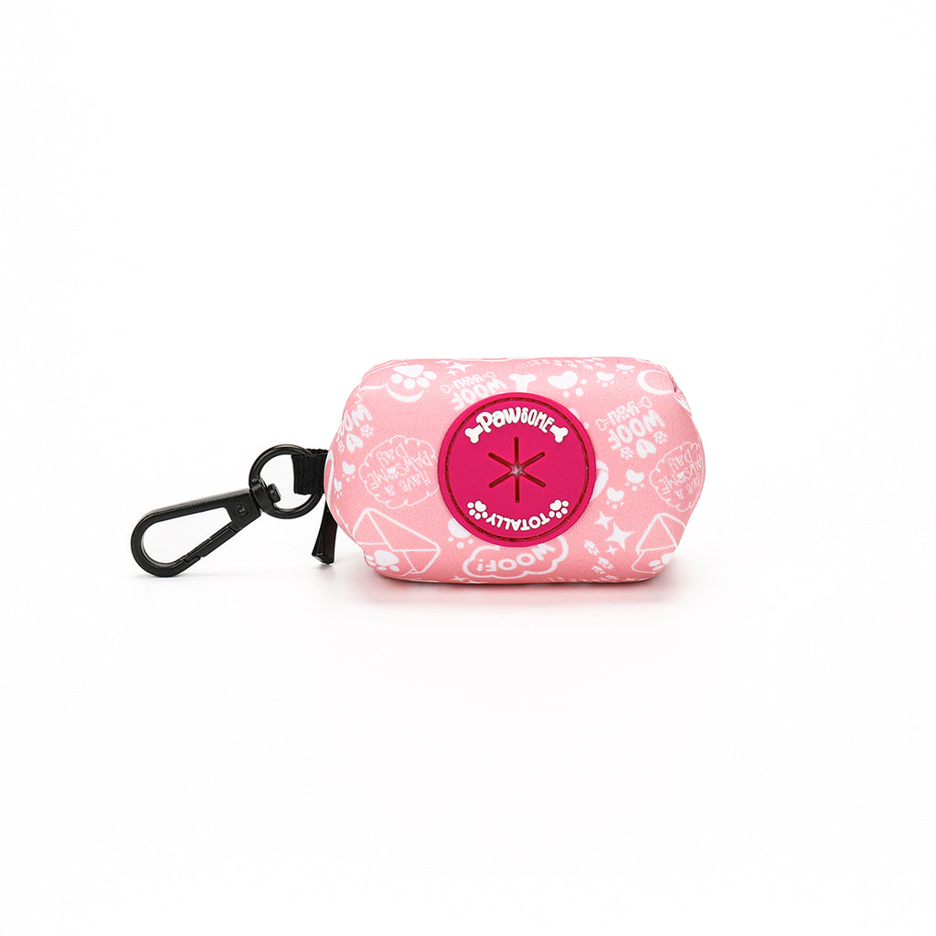 Pink poop bag holder with floral design and brand logo on a white background