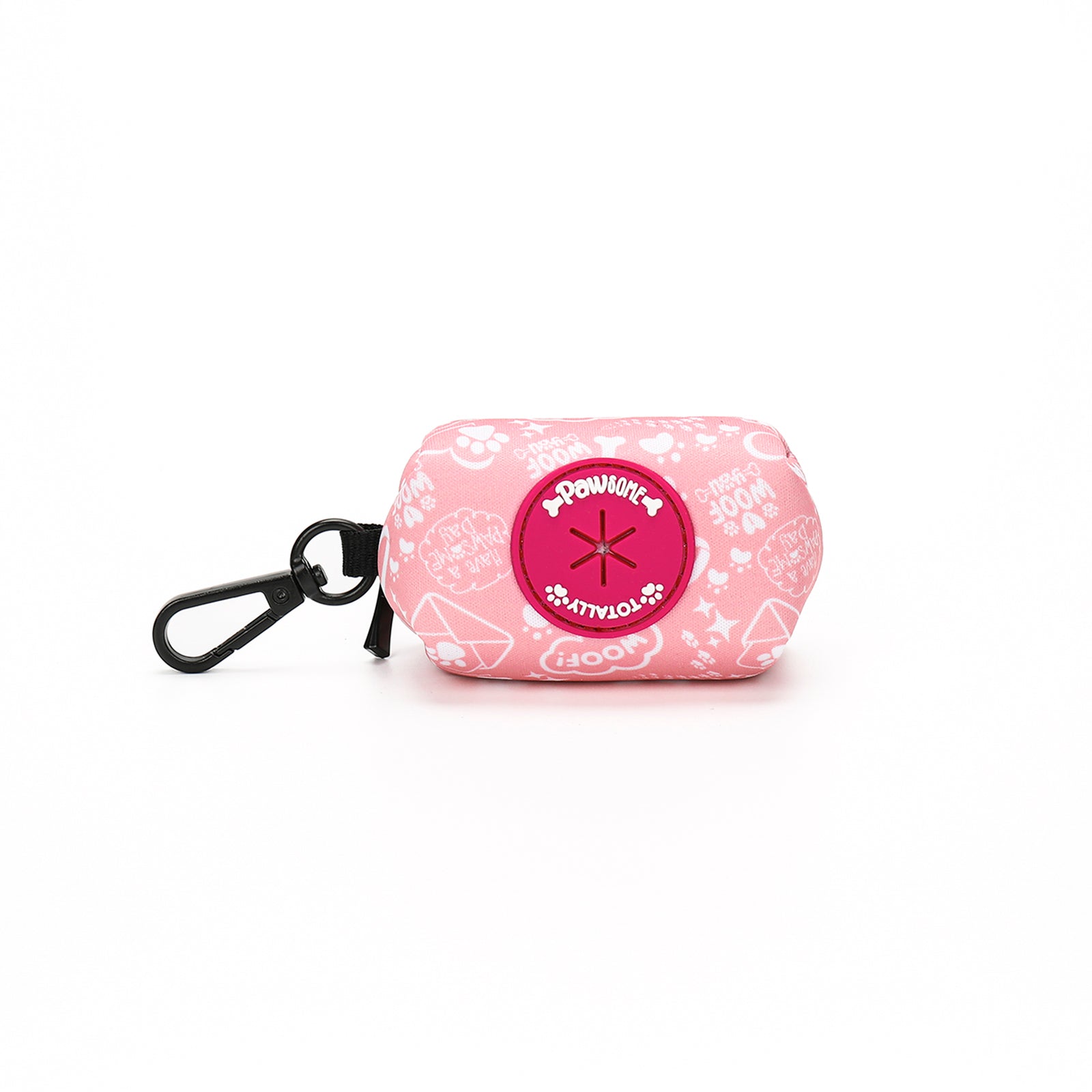 Pink poop bag holder with floral design and brand logo on a white background