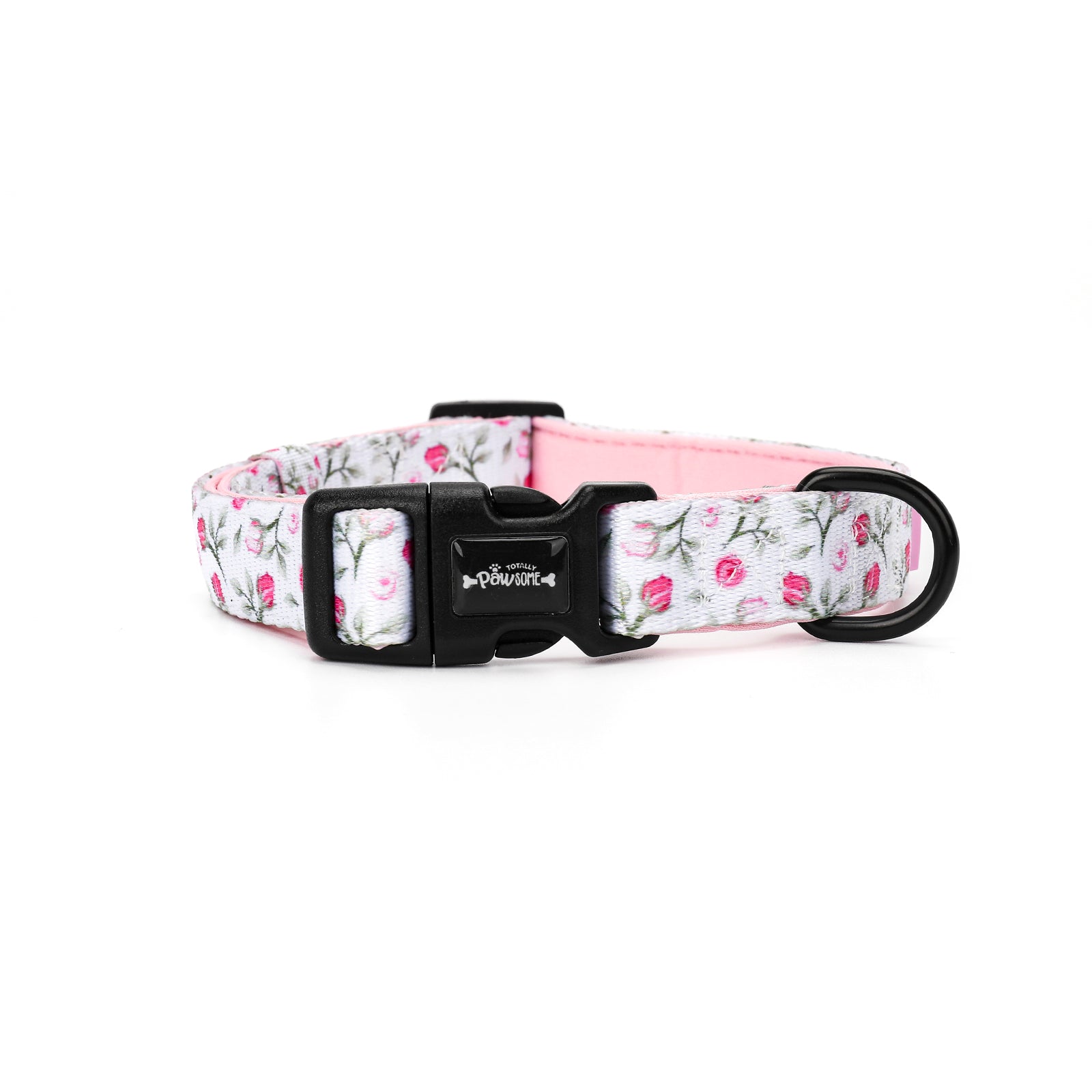 Floral patterned dog collar with a black buckle on a white background