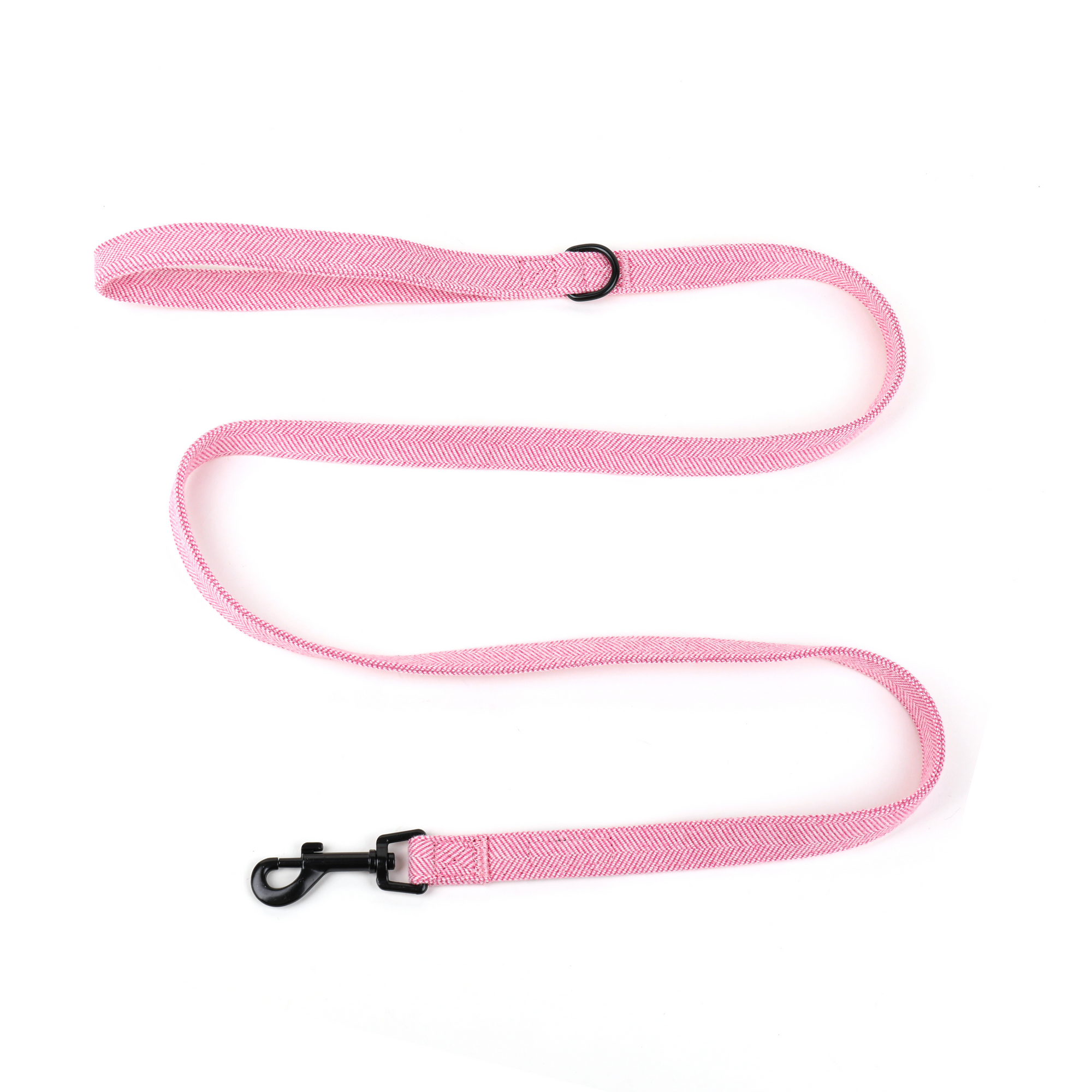 Pink dog leash with black clips on a white background