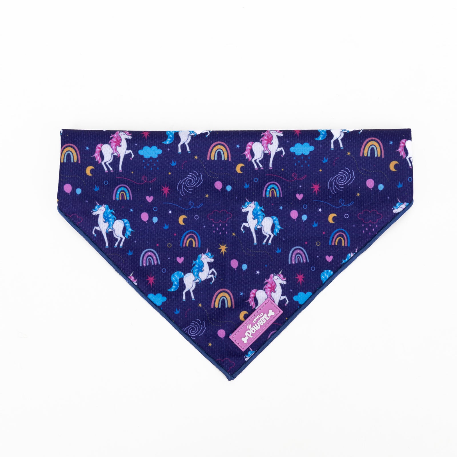 Purple bandana with unicorn and rainbow pattern on a white background