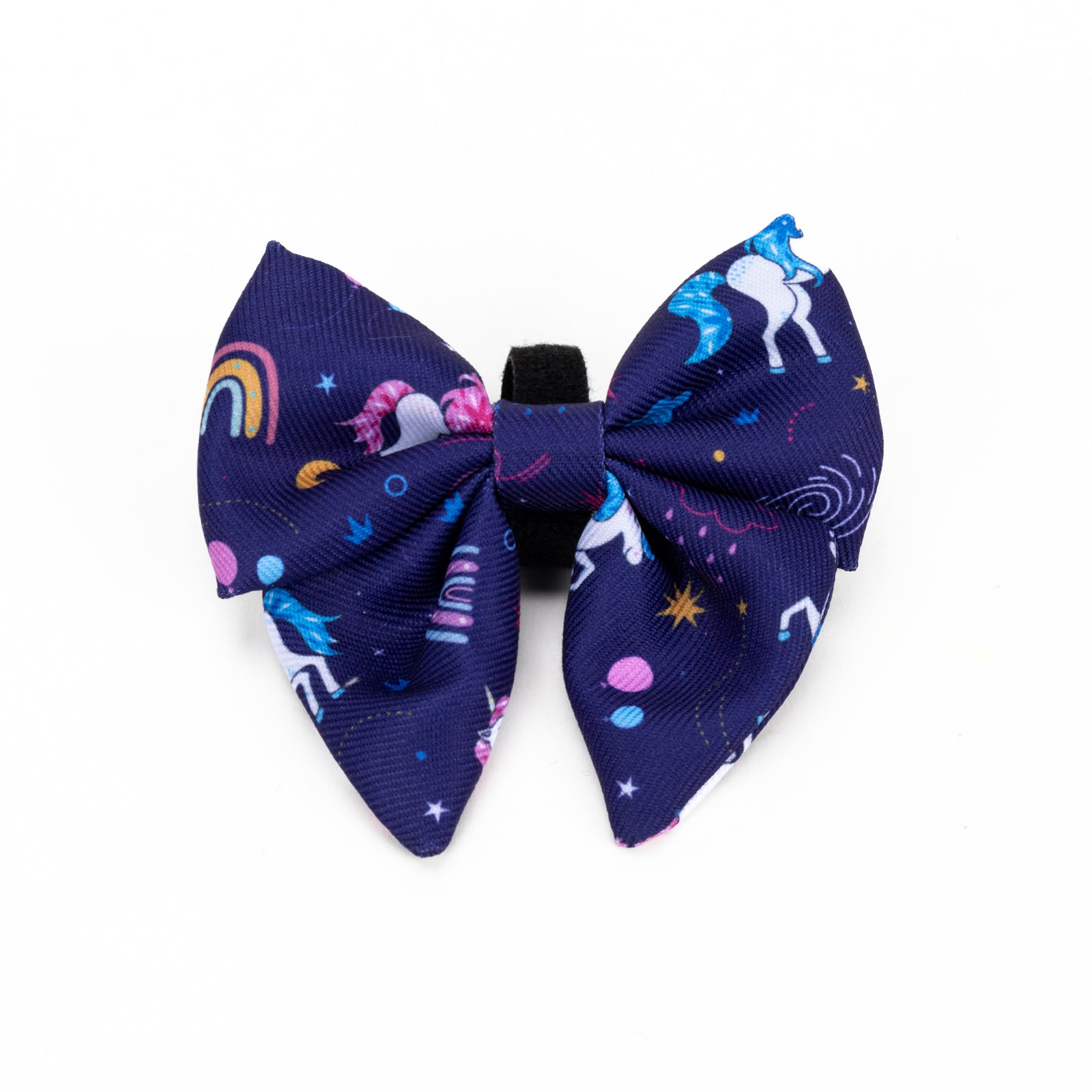 purple bow tie with unicorn and rainbow pattern on a white background