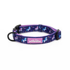 Purple dog collar with unicorn pattern on a white background