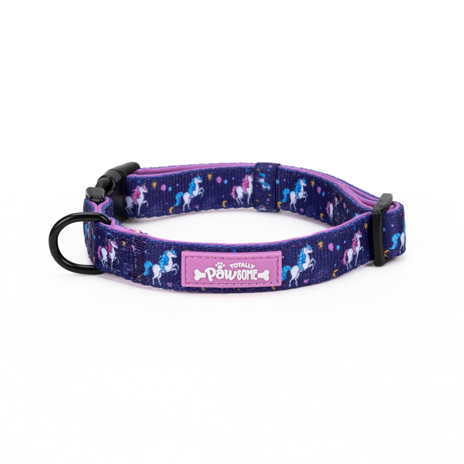 Purple dog collar with unicorn pattern on a white background