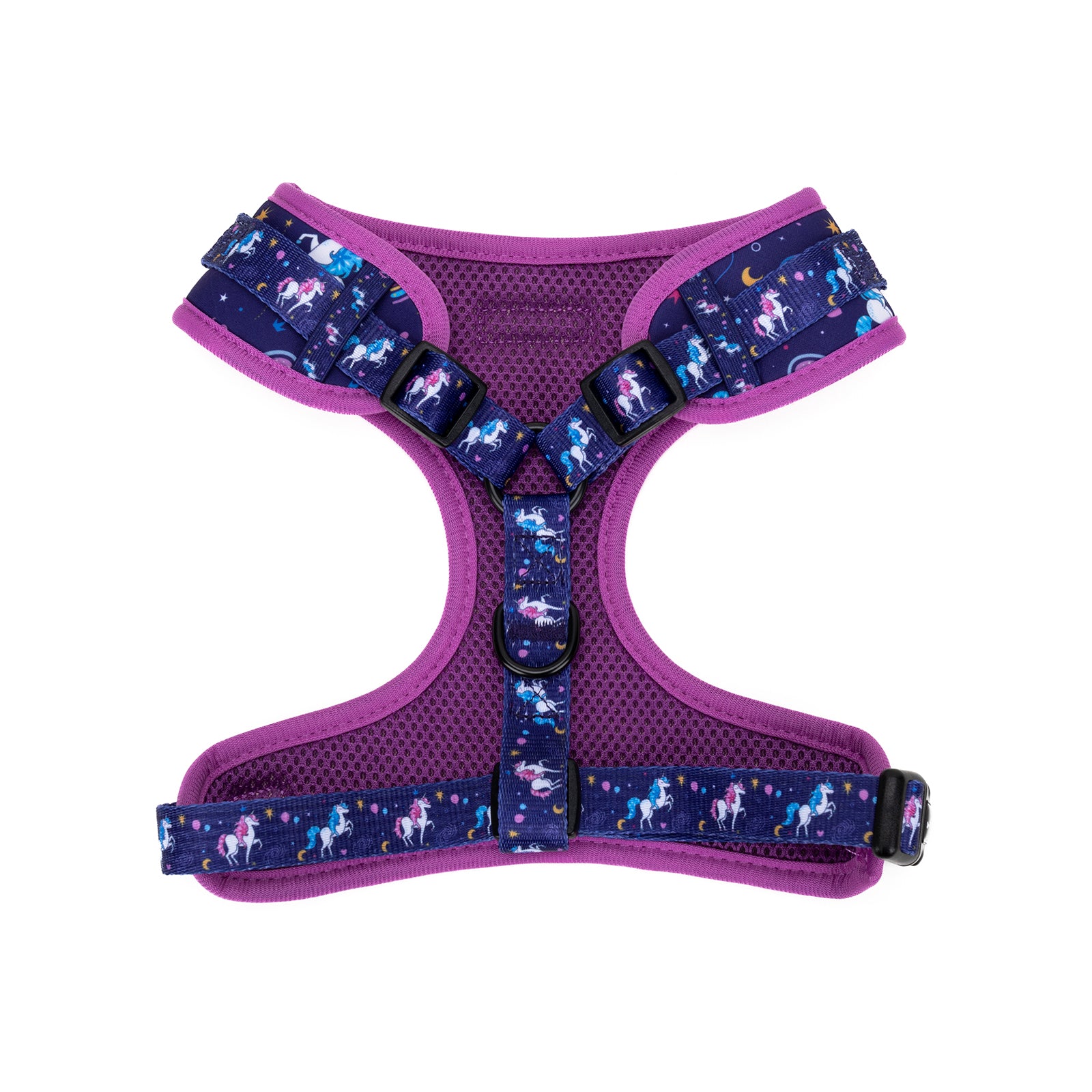 Purple dog harness with unicorn pattern on a white background