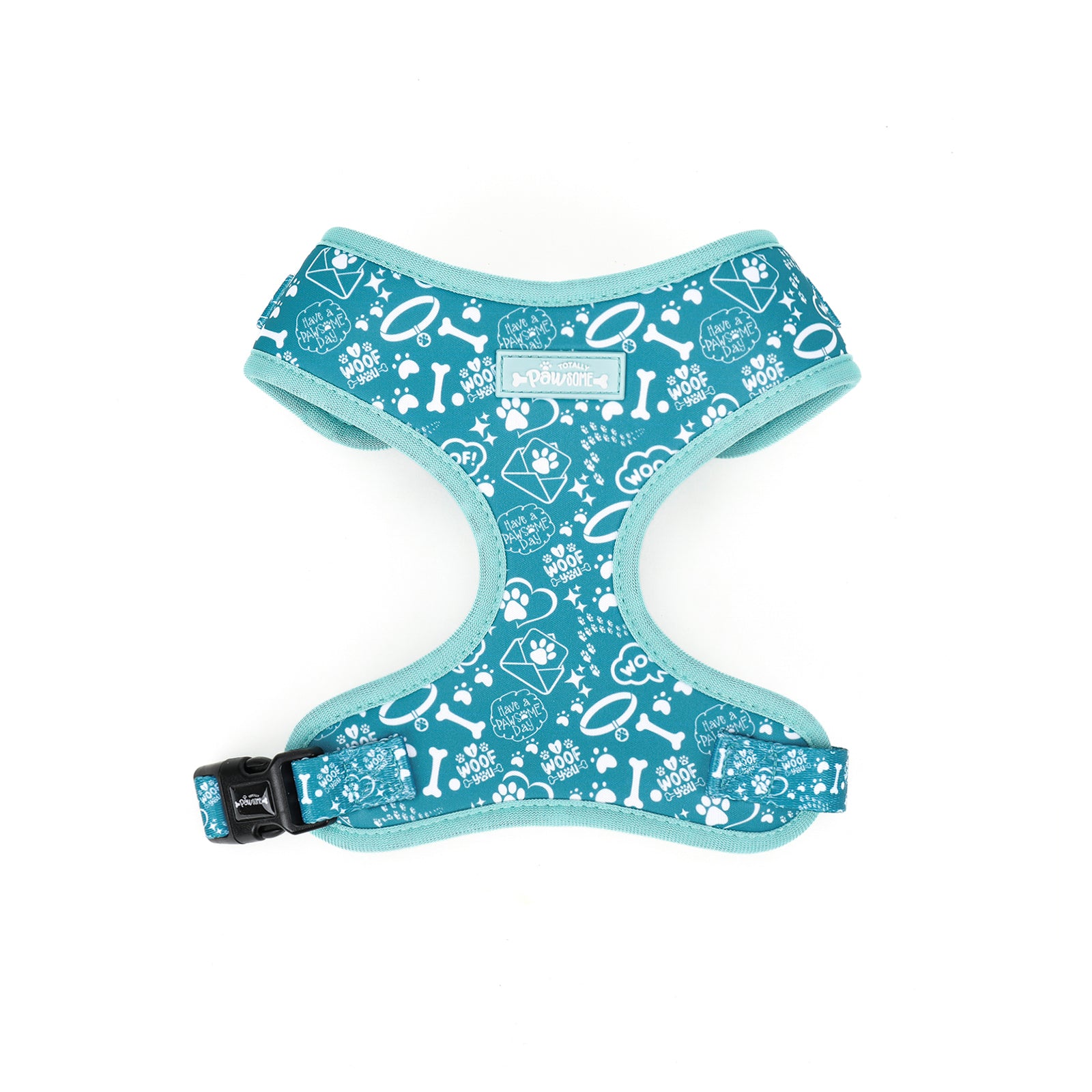 Dog harness with a teal pattern on a white background