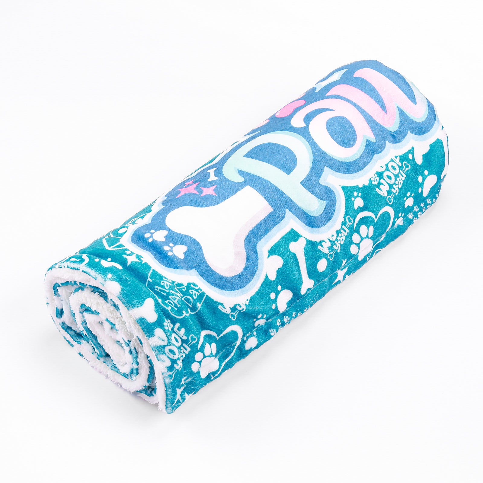 Rolled-up blanket with 'L-Paw' branding on a white background