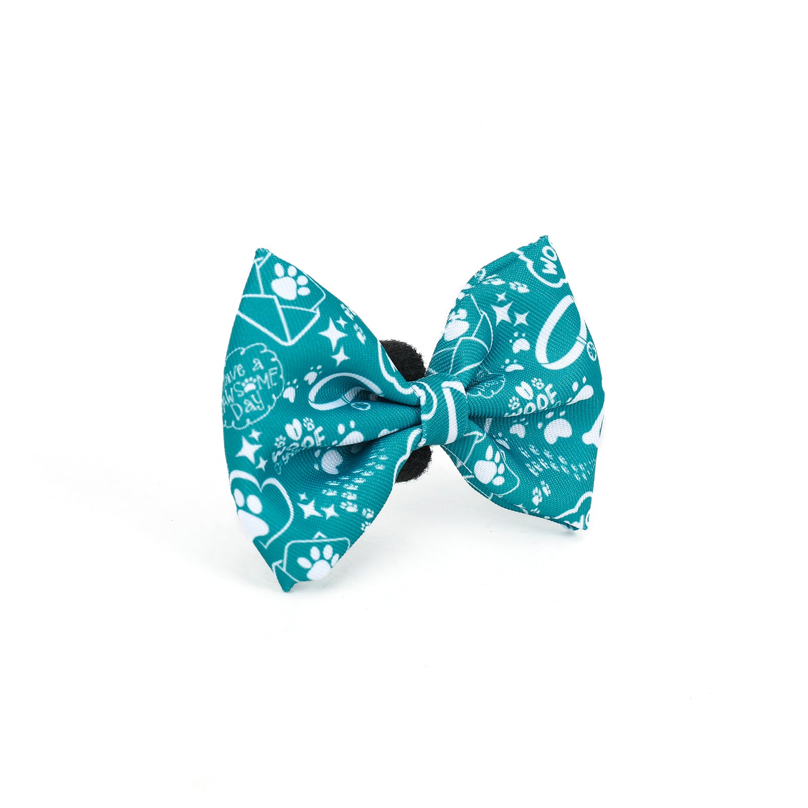 A teal bow tie for dogs with a pattern of paws and text related to adventures.