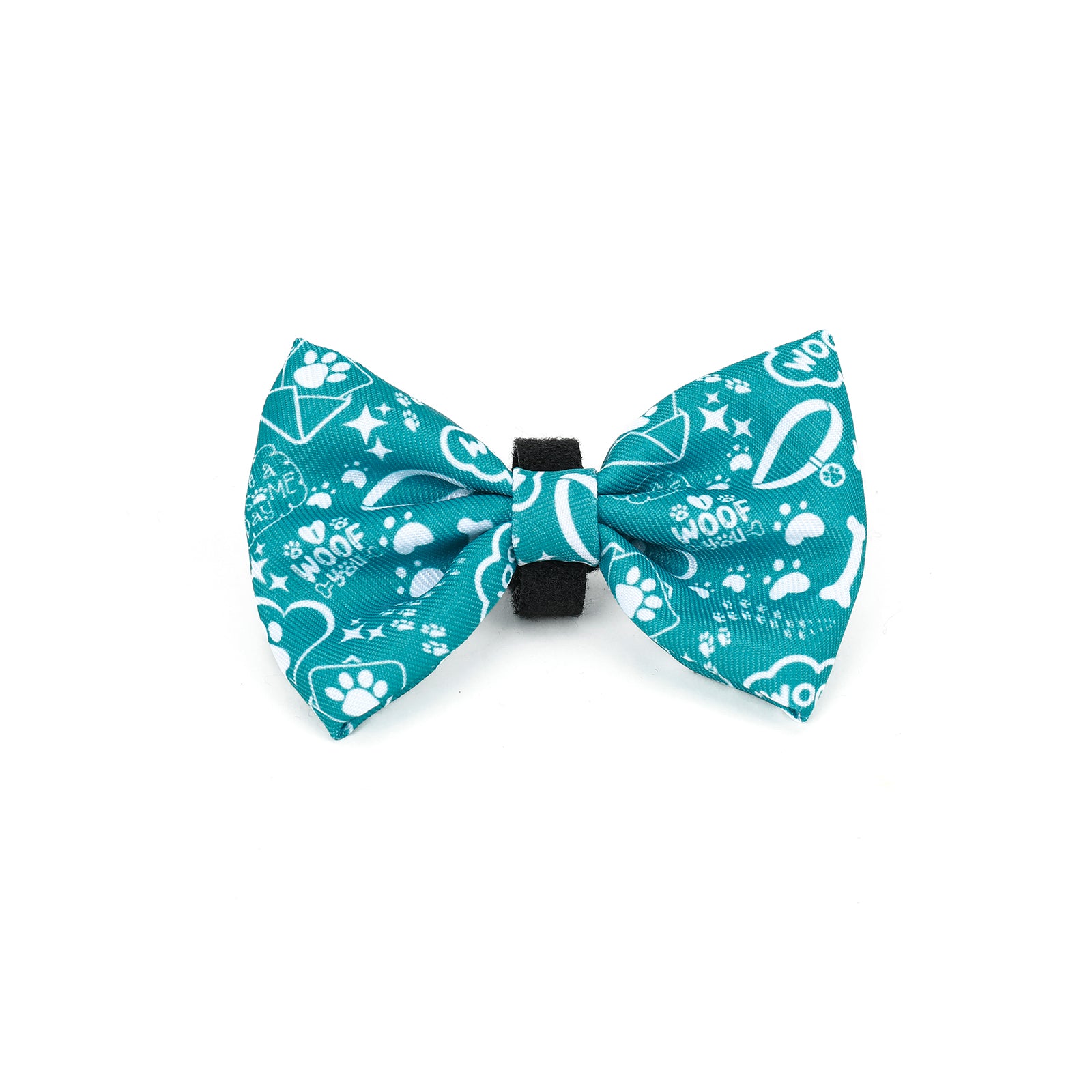 Teal bow tie with white patterns on a white background