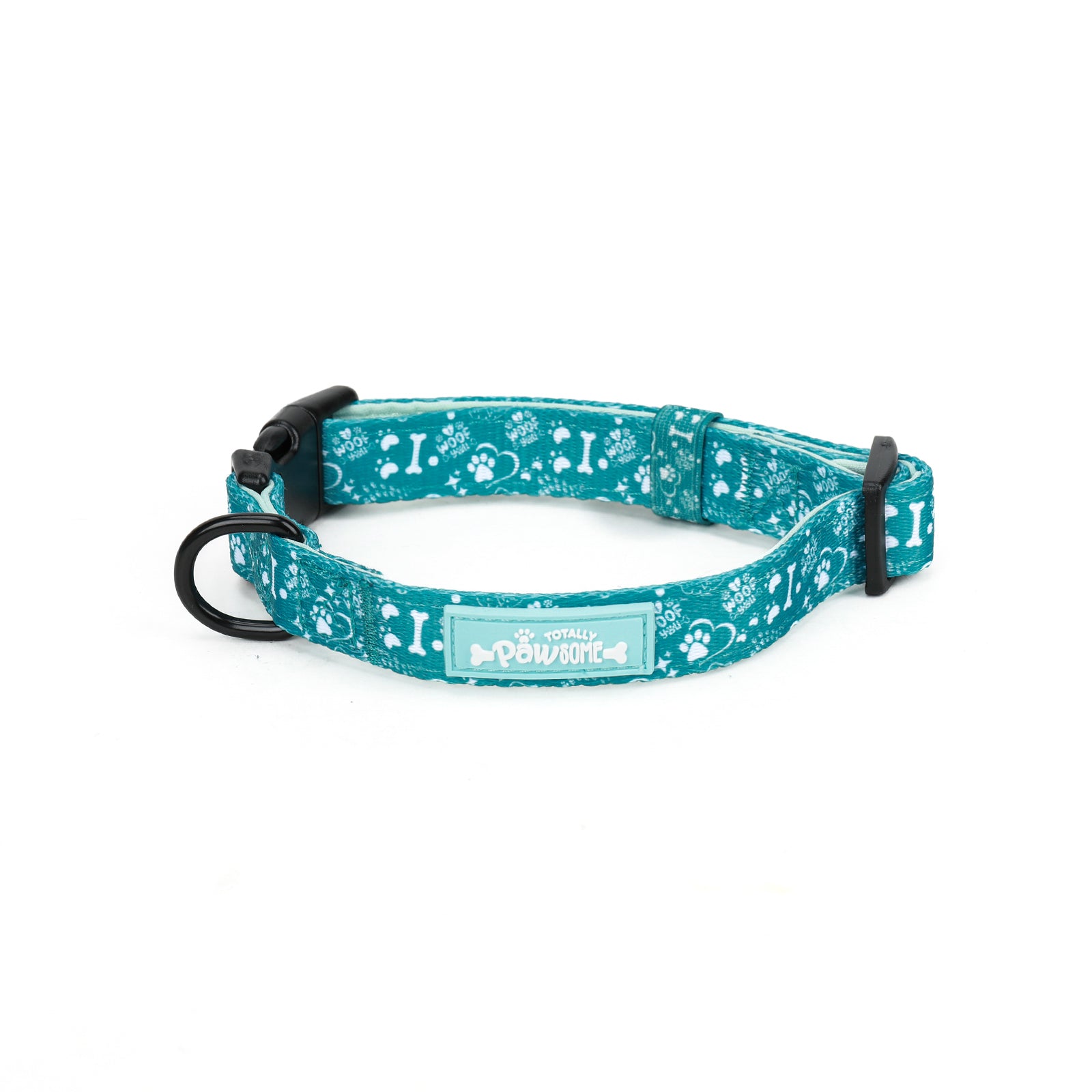 Teal dog collar with paw print pattern on a white background