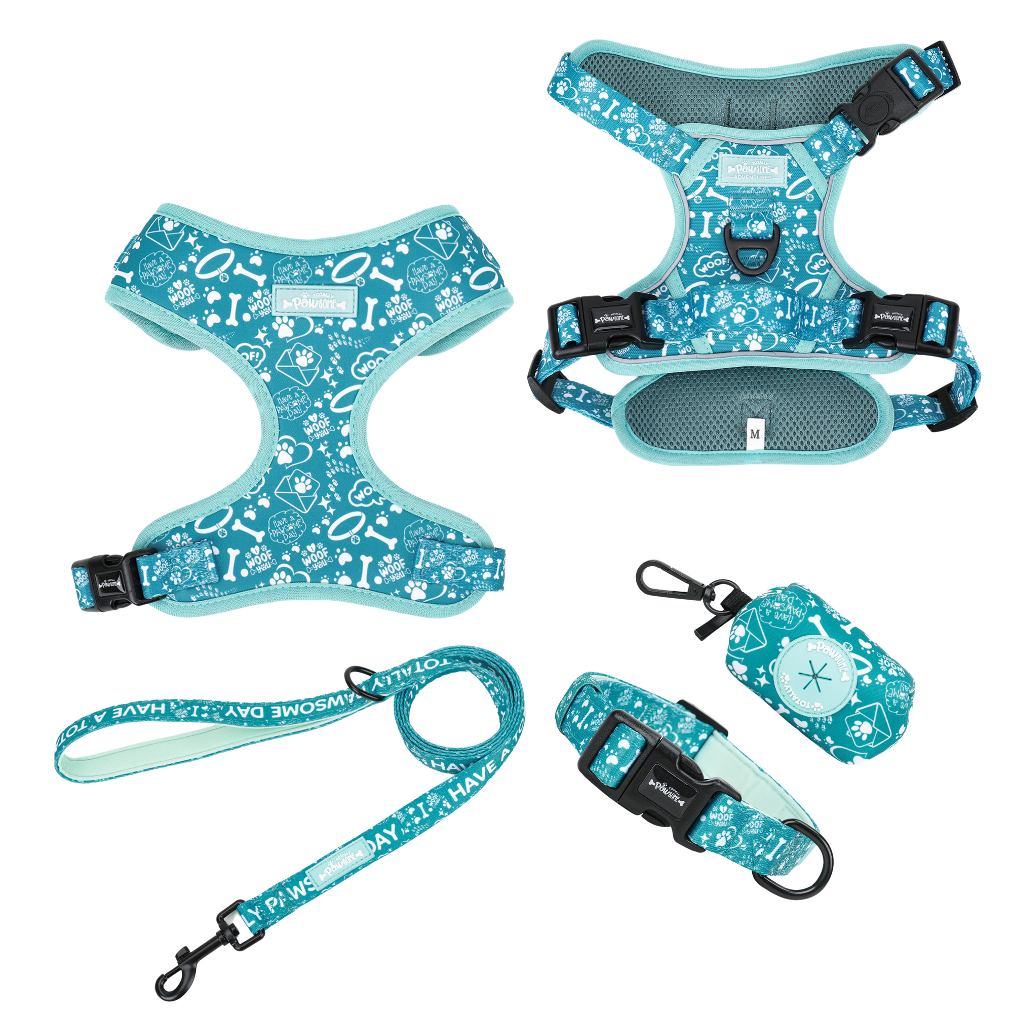 Set of dog harness, leash, and collar with blue floral pattern on a white background