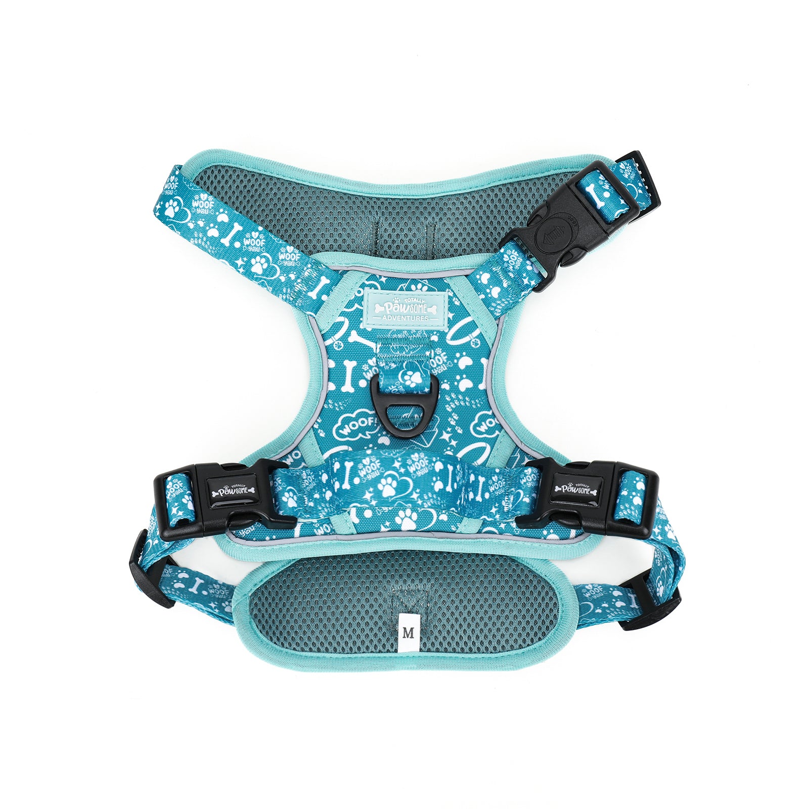 Dog harness with blue paw print pattern on a white background