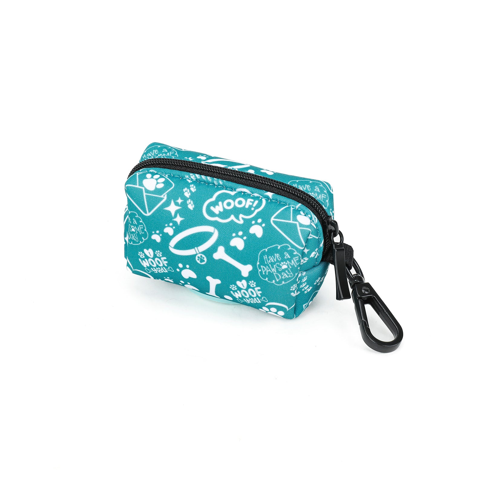 Teal pouch with dog-themed designs and 'WOOF!' text on a white background