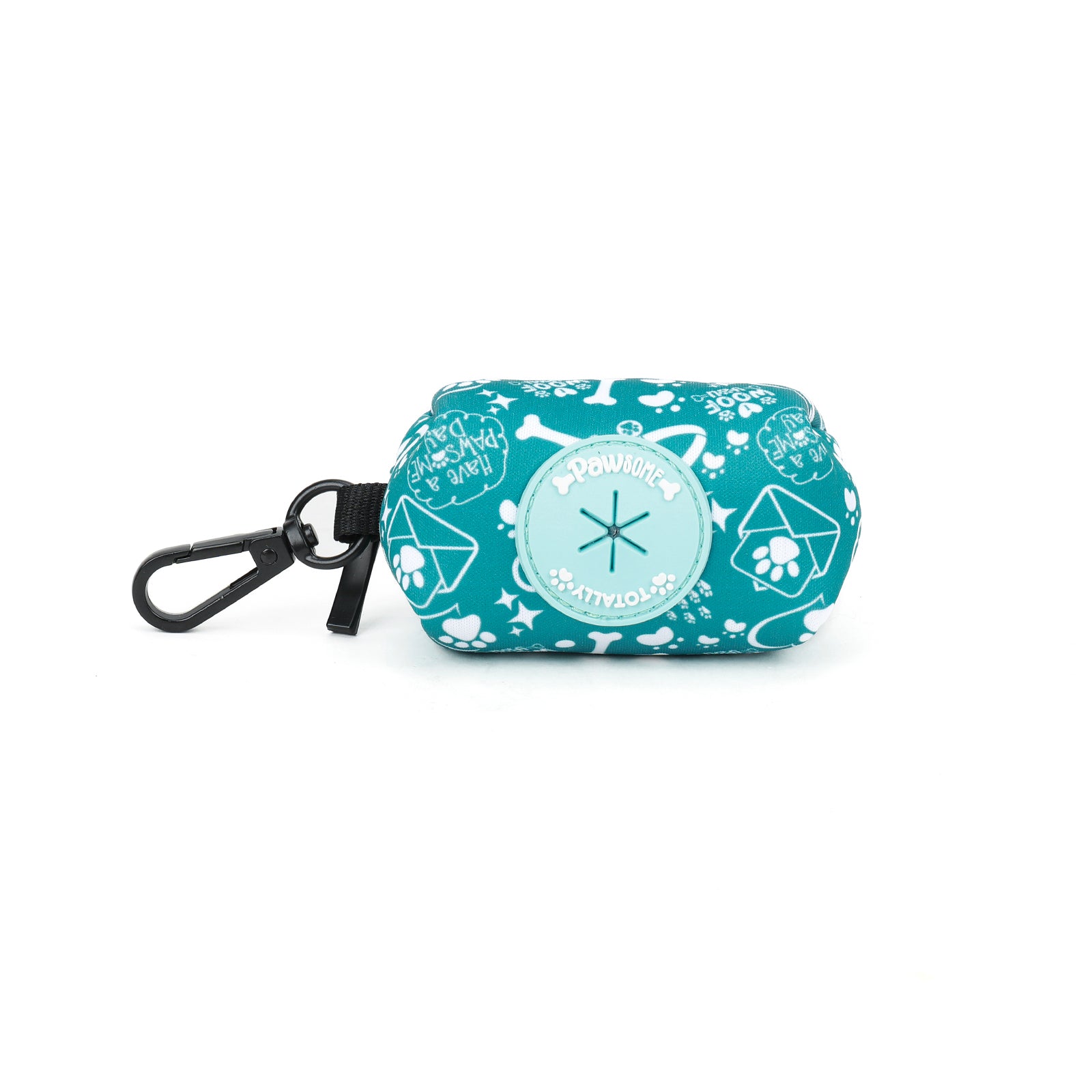 Small teal pouch with white patterns and a brand logo on a white background