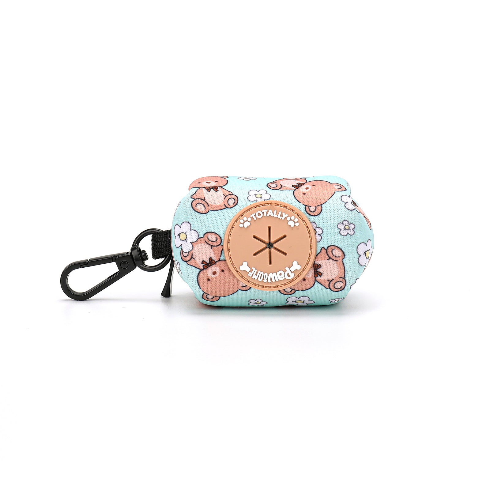 dog poop bag holder with teddy bear pattern on a white background