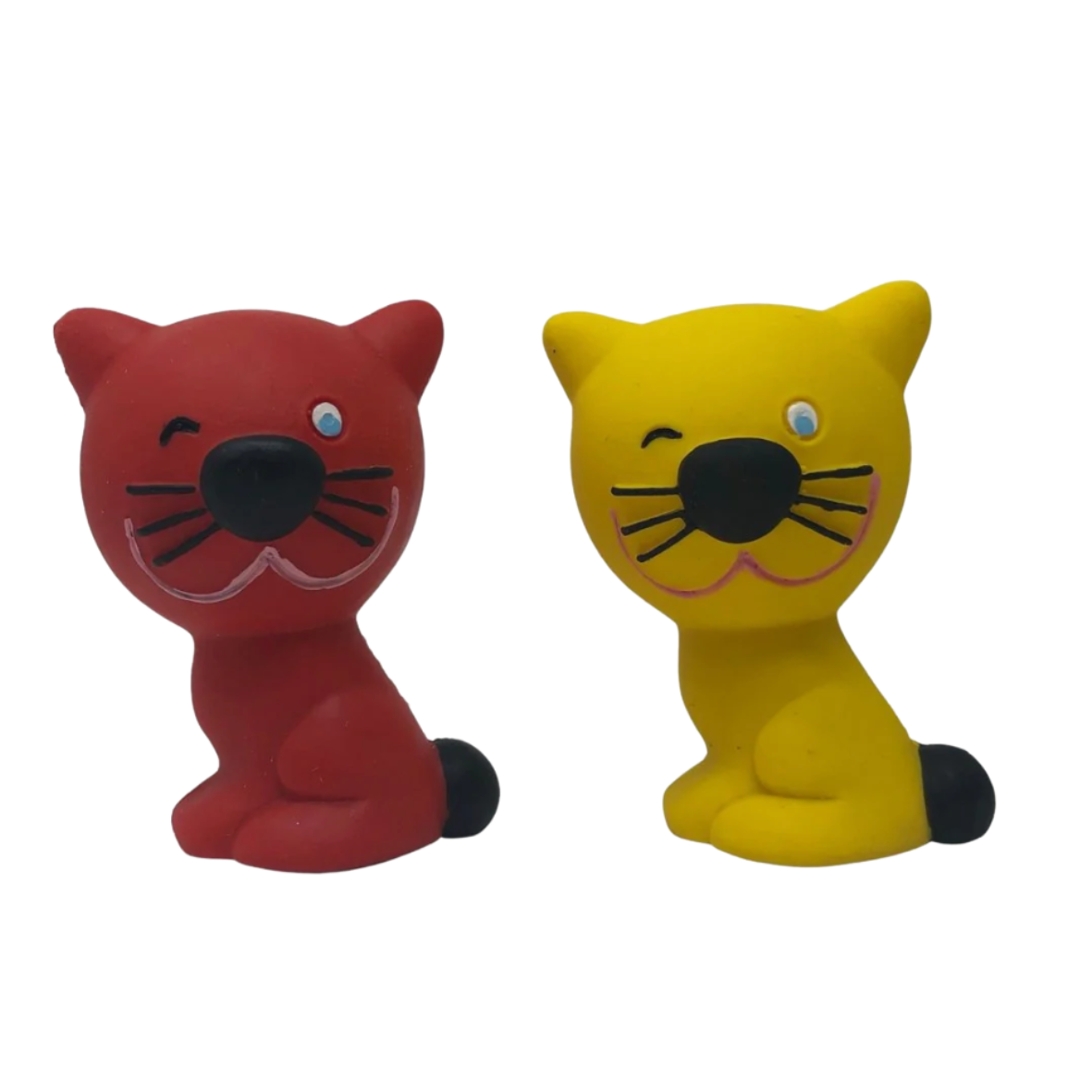 Two cat-shaped rubber dog toys, one red and one yellow, on a white background.