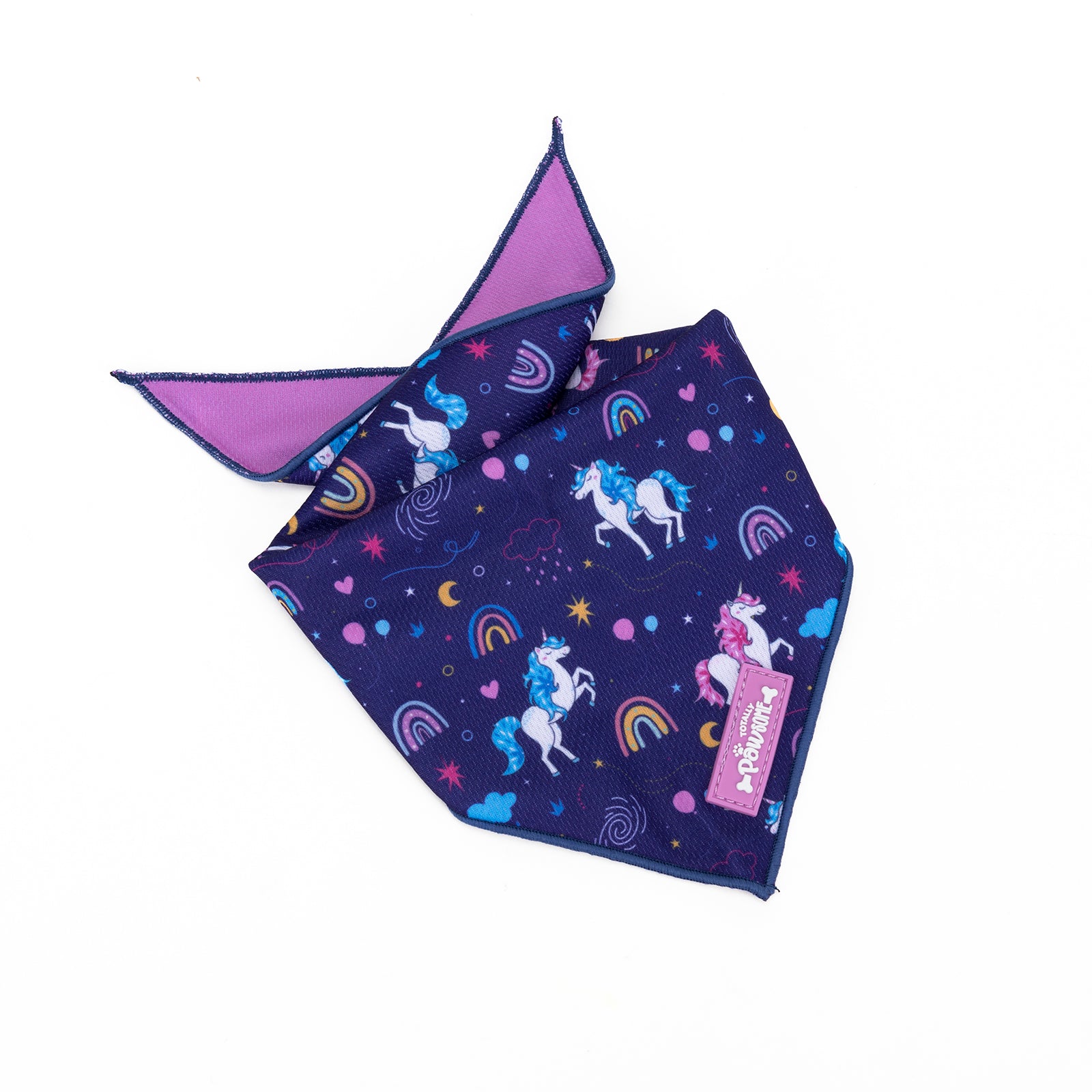 Purple dog bandana with unicorn and rainbow pattern on a white background