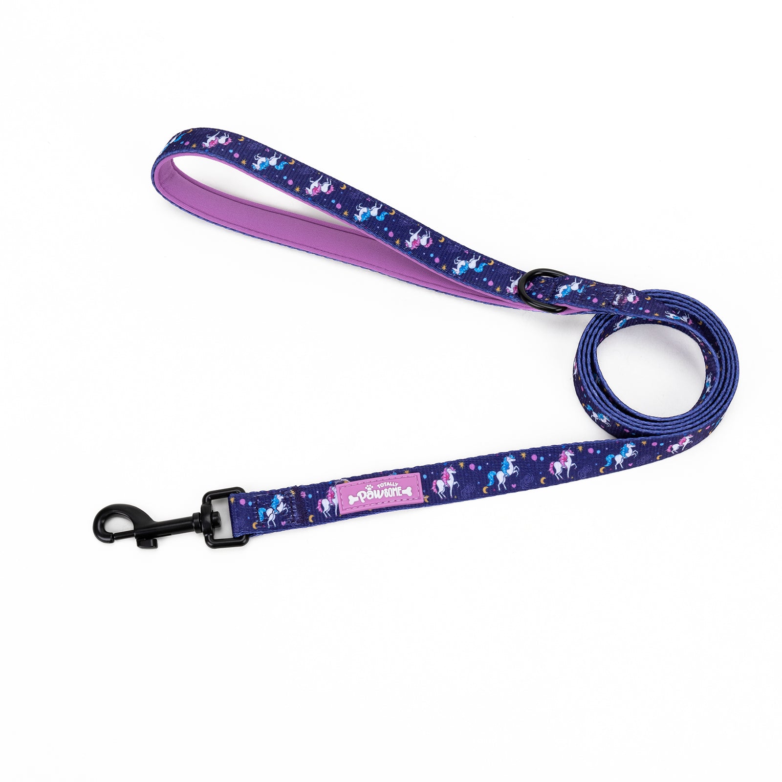 Purple dog leash with unicorn pattern on a white background