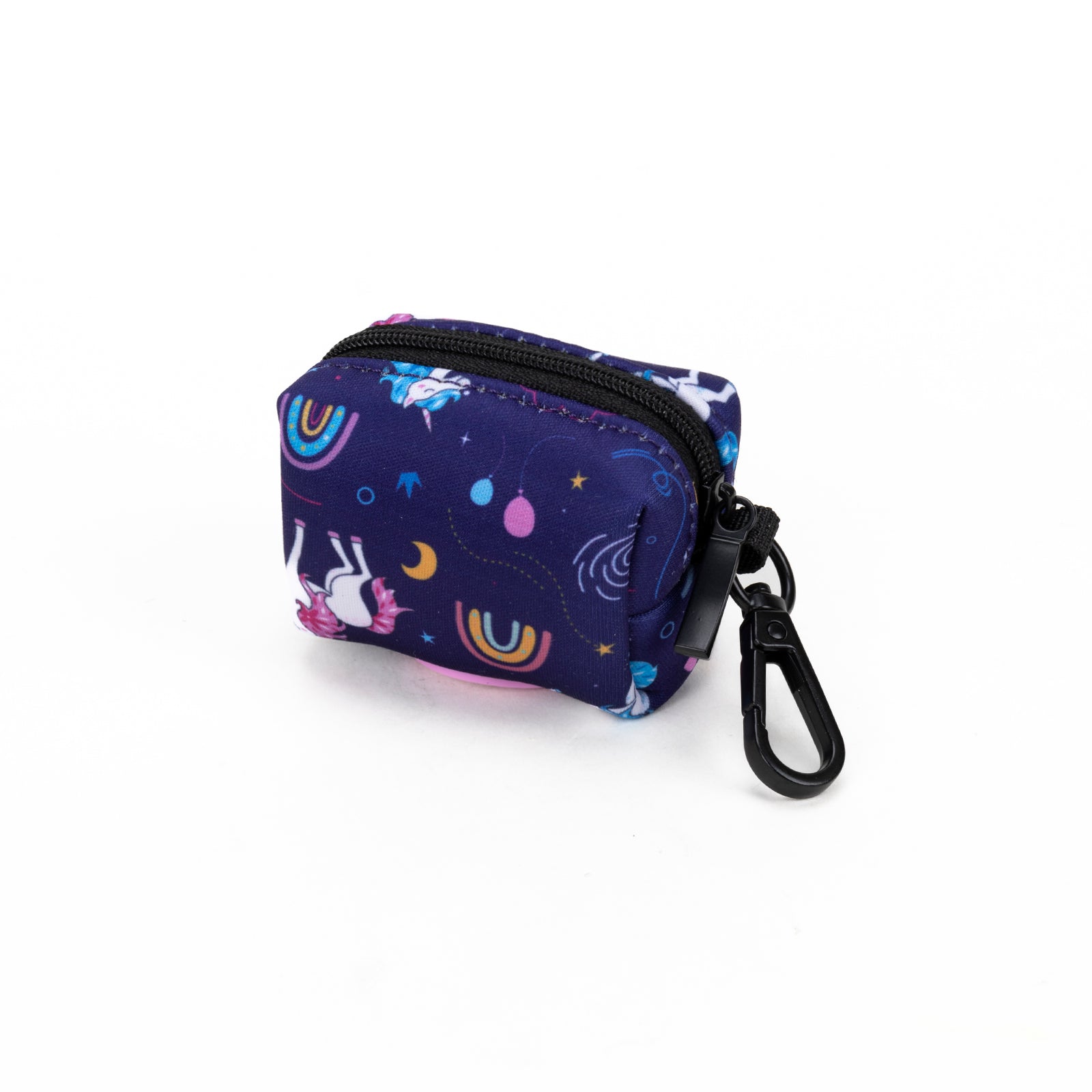 purple poop bag holder with unicorn patterns on a white background