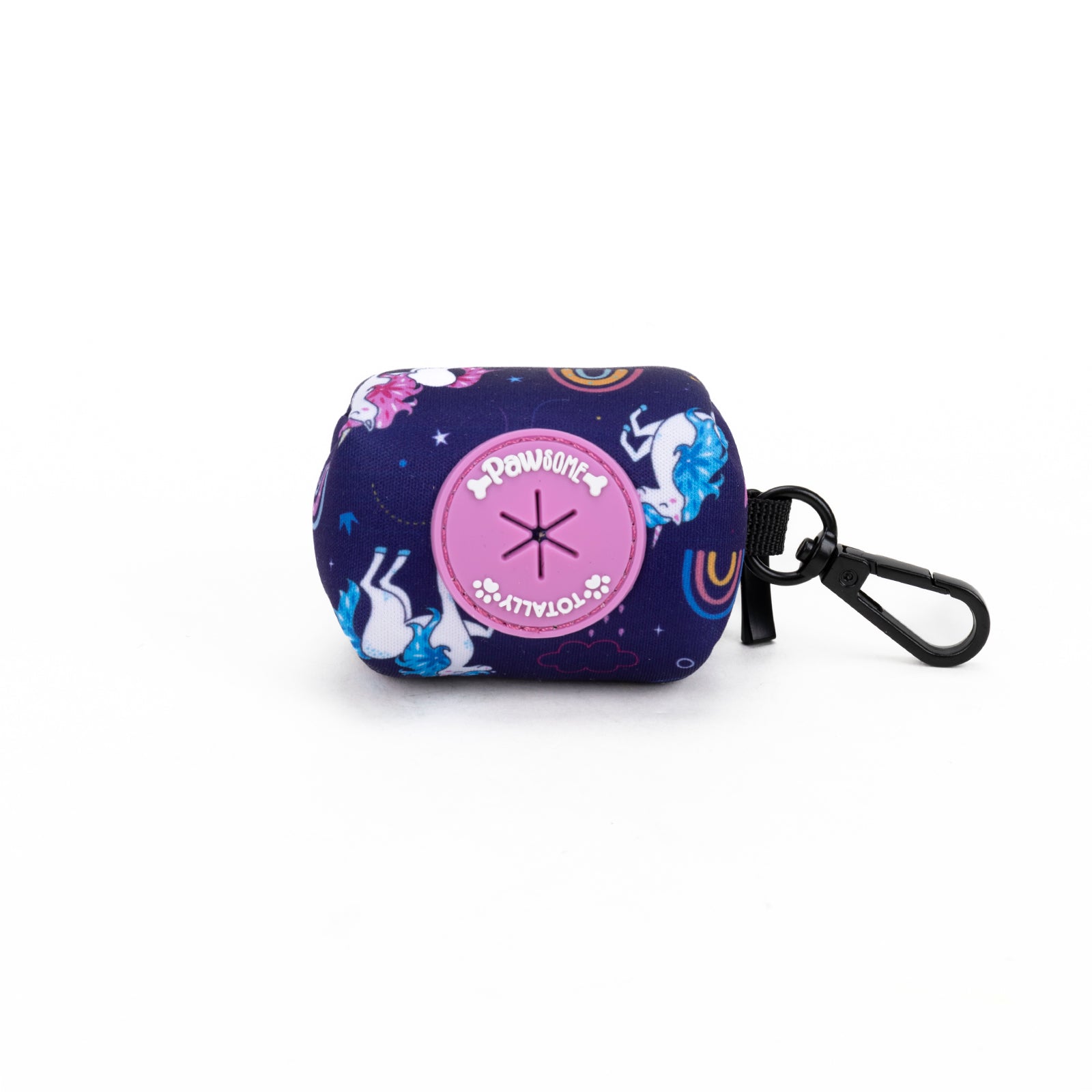 purple poop bag holder with unicorn designs and a visible brand logo on a white background