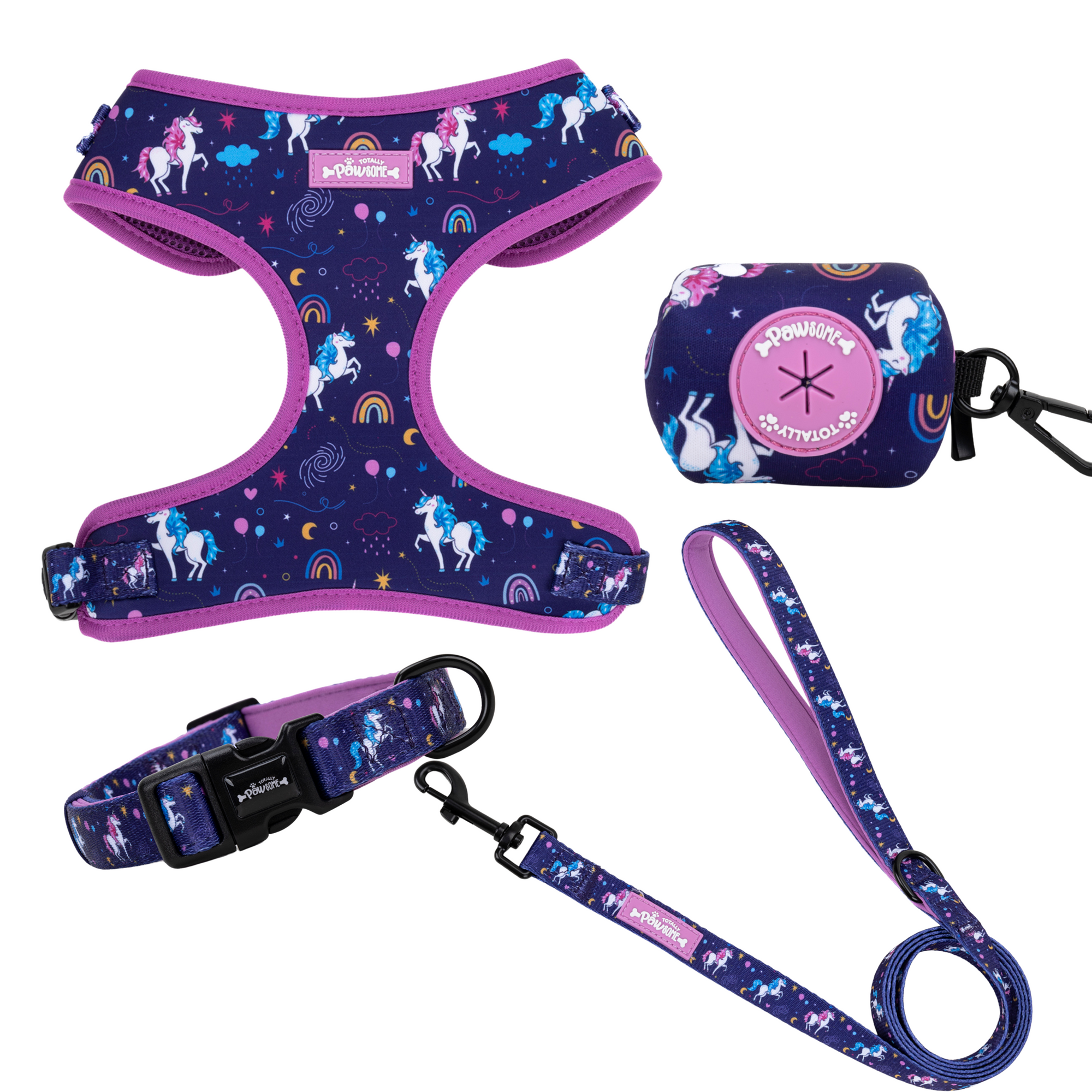 Dog harness, leash, and collar set with unicorn pattern on a white background