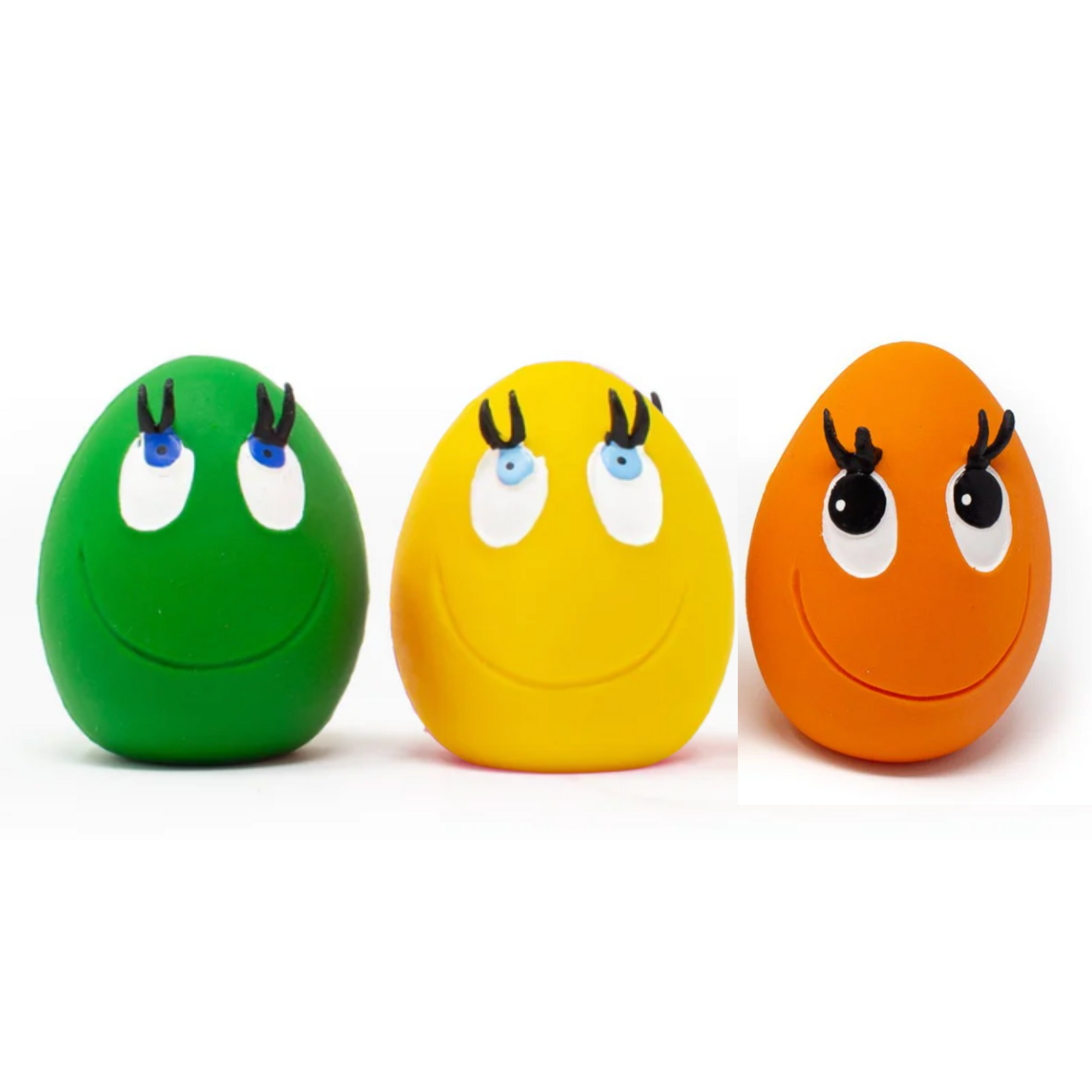 Three colorful egg-shaped toys with facial expressions on a white background